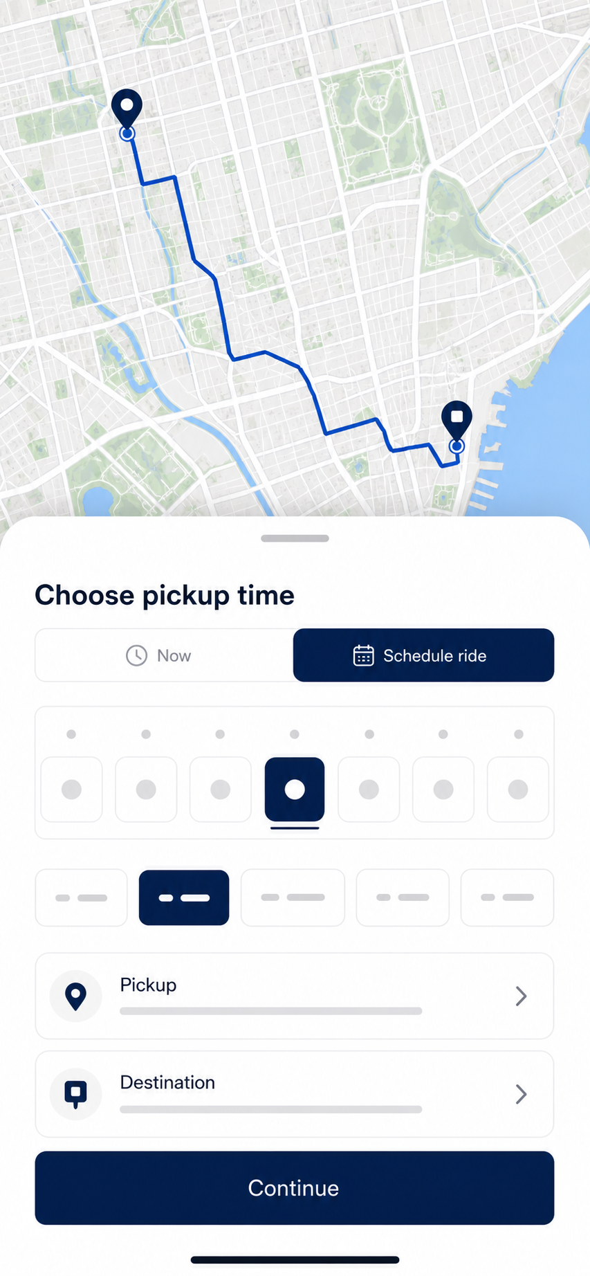 Choose pickup time screen of the WhatsApp booking bot app: Now or scheduled