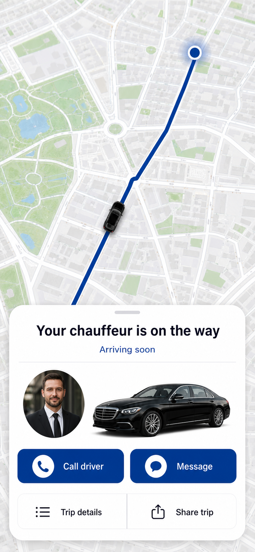 Live chauffeur tracking screen of the WhatsApp booking bot app: Driver on the way