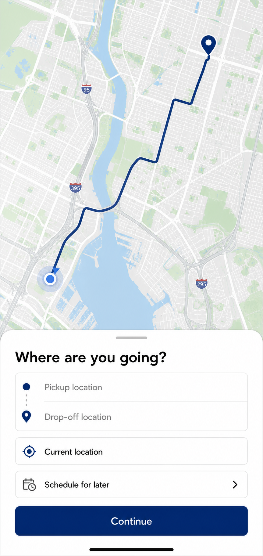 Book a ride screen of the WhatsApp booking bot app: Pickup & drop-off