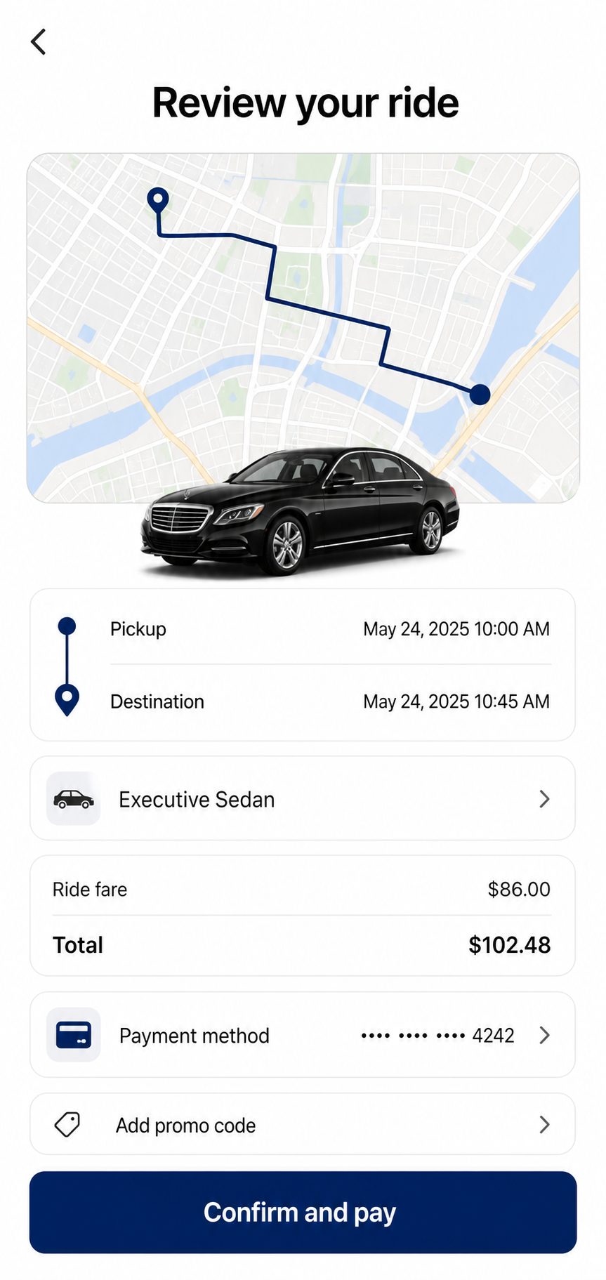 Review and pay screen of the WhatsApp booking bot app: Fare quote + card payment